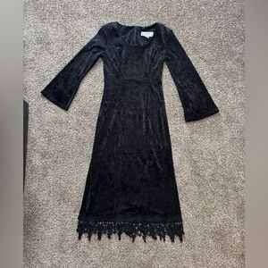 Vintage CDC black crushed velvet Dress with crochet lace hem